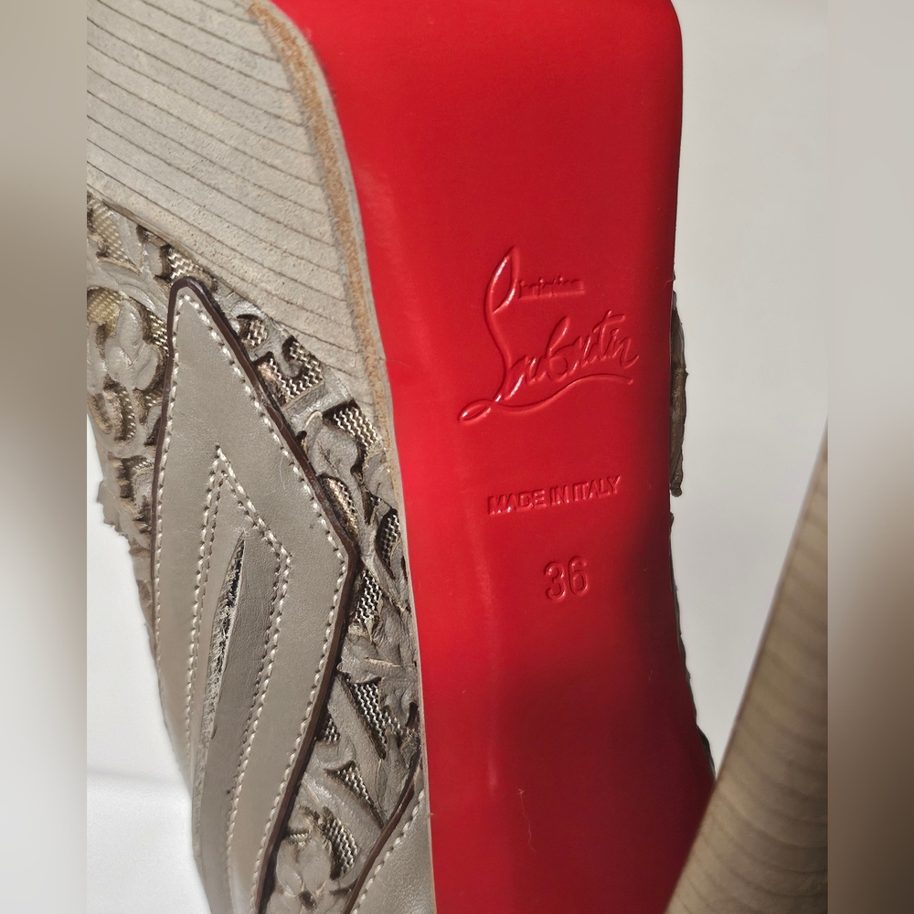 Christian Louboutin Brown Laser-Cut Leather Pampas 150 Peep Toe Ankle Boots Size - Picture 2 of 9